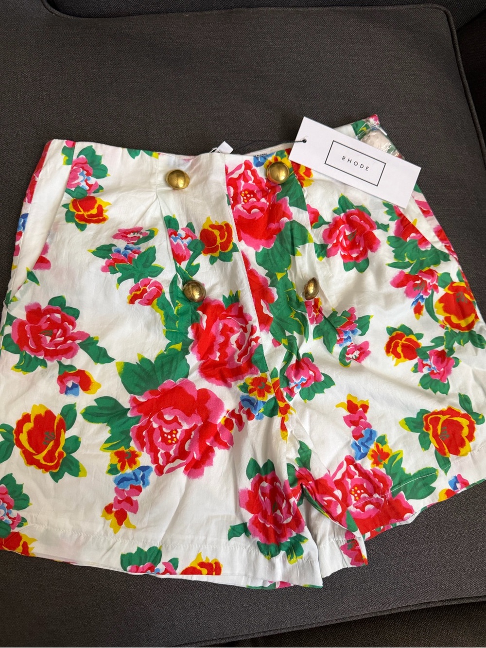 RHODE Floral High-Rise Women's Shorts in White with Pink & Green Print NWT